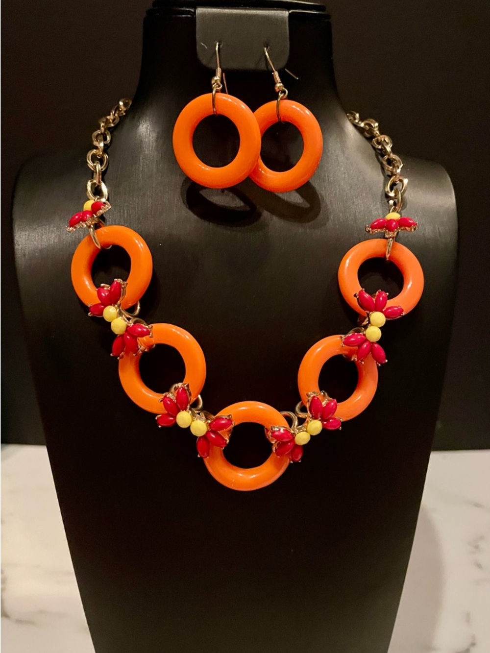 Bold Orange Resin Circle Necklace & Earring Set